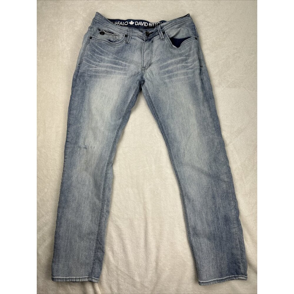 Buffalo Evan-X Jeans Men's 33x32 Slim Straight Stretch Light Blue Whiskers